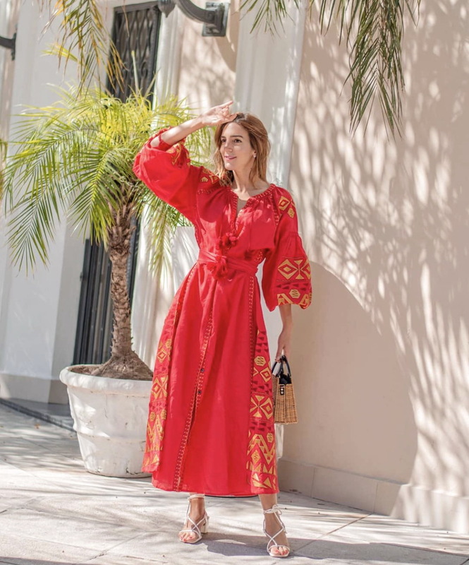 Boho Dress Embroidered Red Maxi Linen Dress Vyshyvanka Ukrainian embroidery