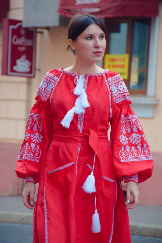 Dress Embroidered Red Maxi Linen Dress Vyshyvanka Ukrainian Boho Chic 