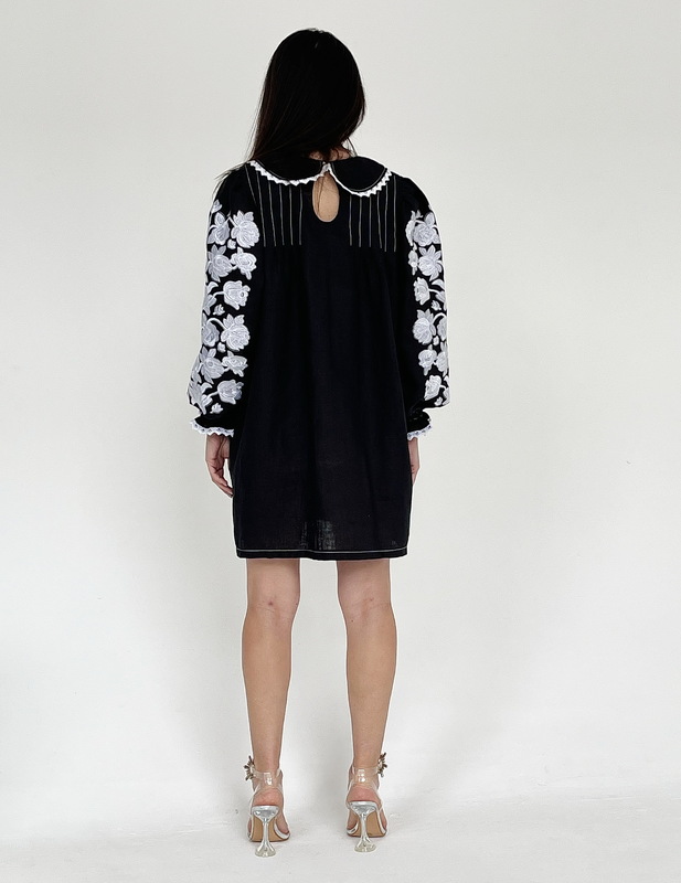 A-line Dress Embroidered Vyshyvanka, Black Dress with Collar