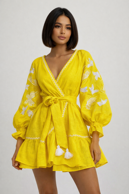  Yellow Dress Vyshyvanka Multi Color Embroidery Linen, Ukrainian embroidery, Yellow Robe Dress