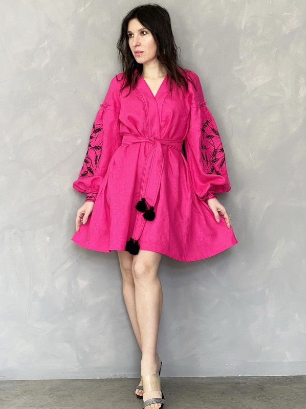 Pink Dress Color Embroidery Linen Bohemian Vyshyvanka Ukrainian embroidery