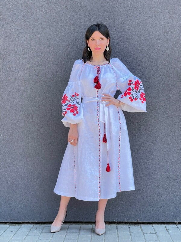 Boho dress embroidered, White linen, style boho chic, Bohemian Vyshyvanka Dress Multi Color Embroidery Linen, Ukrainian embroidery
