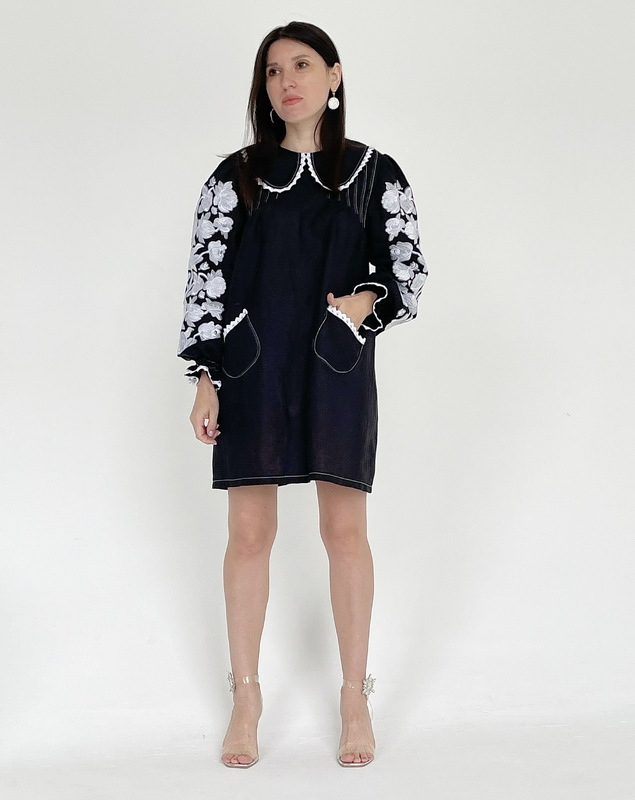 A-line Dress Embroidered Vyshyvanka, Black Dress with Collar