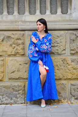 Dress Embroidered Blue Maxi Dress Multi Color Embroidery Linen Dress Ukrainian