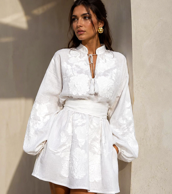 Linen Dress Embroidered Vyshyvanka White-on-White Embroidery