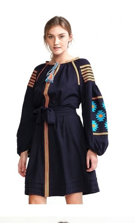 Vyshyvanka Dark Dress Ukrainian embroidery, Mini Dress, Boho, ethno, style boho chic, Embroidered dress, Multi Color Embroidery Linen