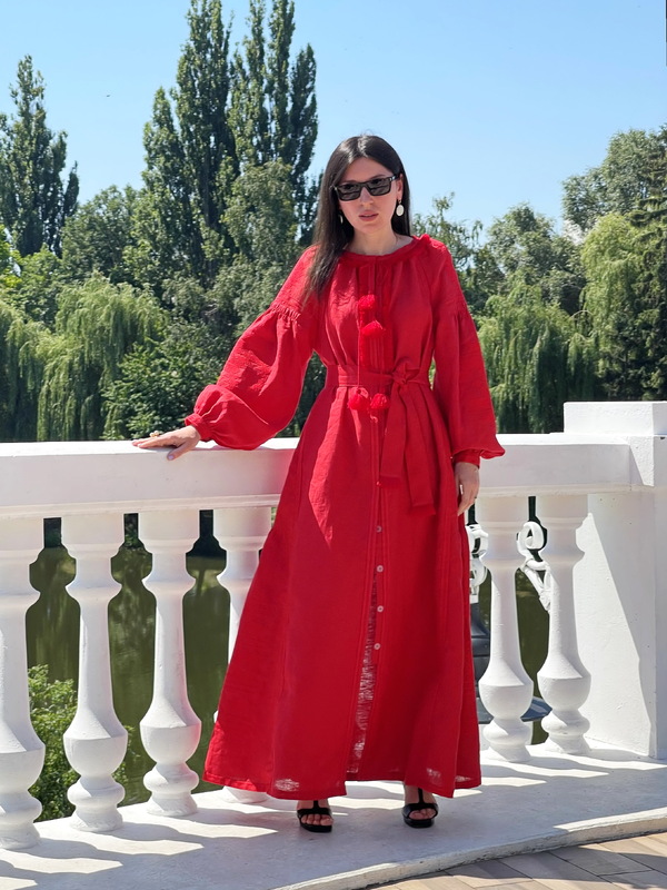 Red Maxi Dress Embroidered, Boho Embroidery in Red on Red
