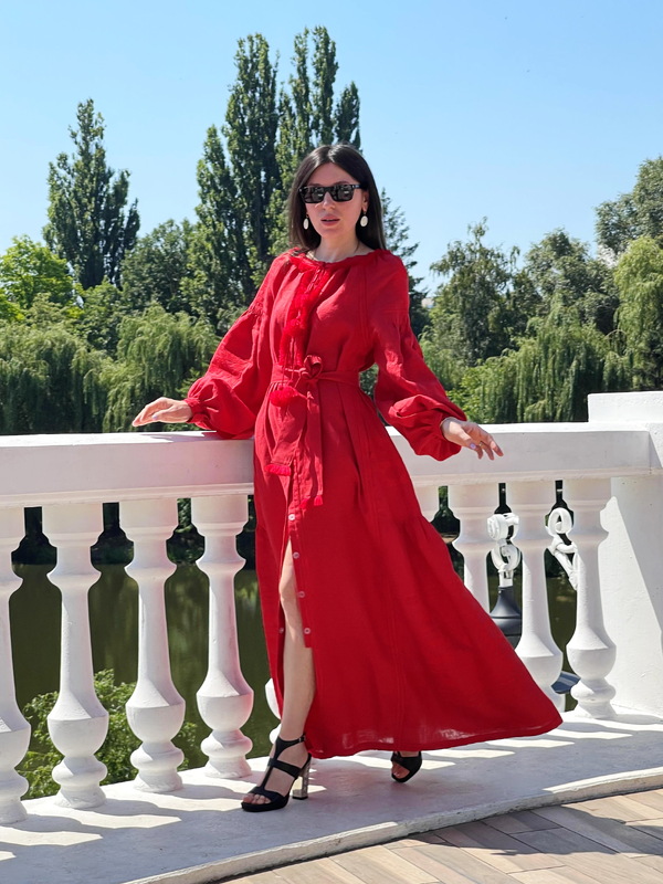 Red Maxi Dress Embroidered, Boho Embroidery in Red on Red