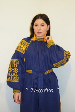 Embroidered dress Blue Dress Gold Embroidery, ethno, style boho chic, Bohemian, Vyshyvanka Dress Multi Color Embroidery Linen, Ukrainian embroidery