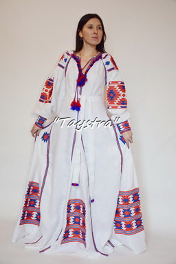 Boho Chic Maxi Dress Embroidered 4 wedges, ethno style, Bohemian, Vyshyvanka Dress Multi Color Embroidery Linen, Ukrainian embroidery, White Maxi Dress