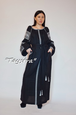 Embroidered Black Dress Silver Embroidery, ethno style boho chic, Bohemian, Vyshyvanka Dress Embroidery Linen, Ukrainian embroidery