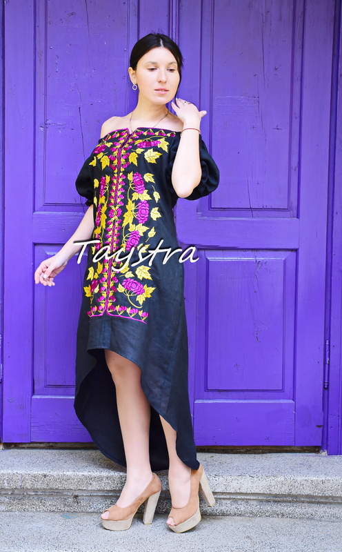 Evening Dress Embroidered linen, ethno style boho chic, Midi Dress, for the wedding, Embroidered Black Dress, Multi Color Embroidery Linen