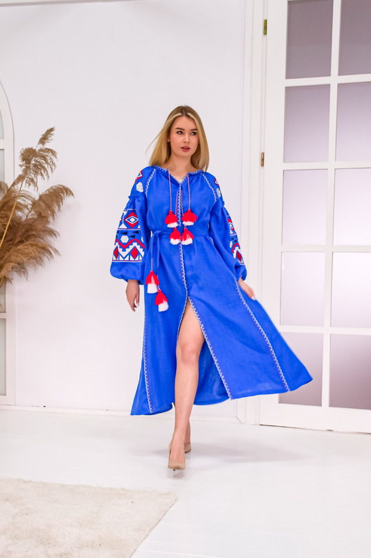 Dress Vyshyvanka Blue Dress Multi Color Embroidery Linen Dress Ukrainian