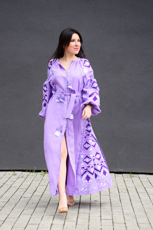 Lilac Dress Embroidered Vyshyvanka Maxi Dress Multi Color Embroidery Linen Dress Ukrainian