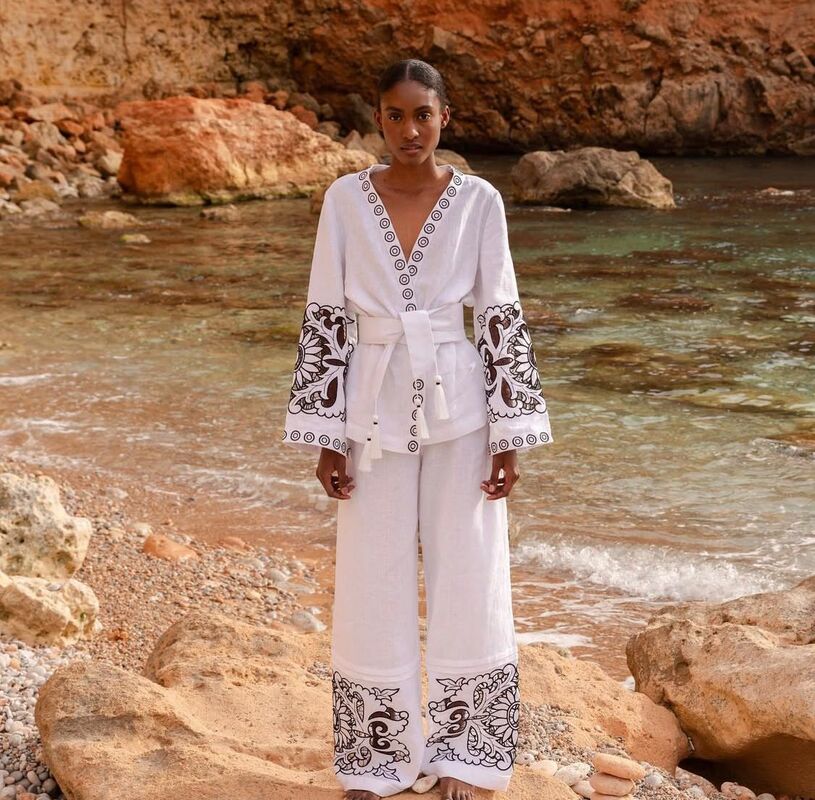 Women's Suit Linen, Embroidered Suit, Boho Style, Natural Linen