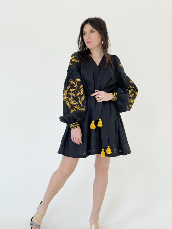 Short Black Dress Embroidered Vyshyvanka Dress Embroidery Linen Dress Ukrainian