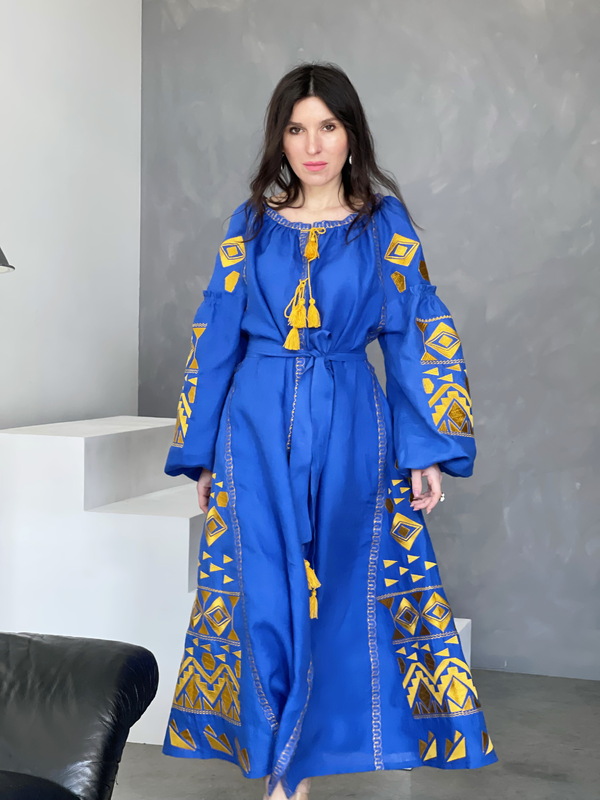 Dress Embroidered Vyshyvanka Blue Maxi Dress Multi Color Embroidery Linen Dress Ukrainian