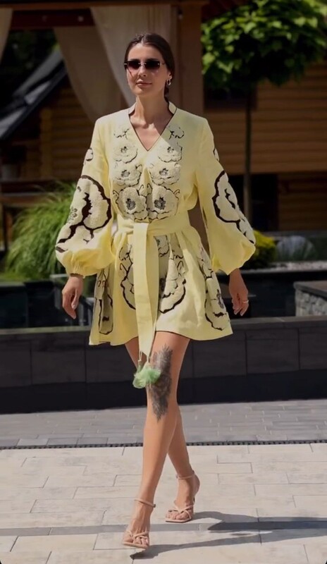  Embroidered Dress Linen Mini Dress Vyshyvanka Volume Embroidery