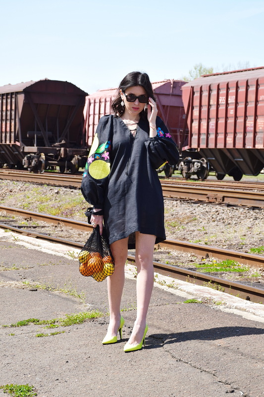 Linen Short Black Dress Embroidered Vyshyvanka Dress Embroidery Dress Ukrainian