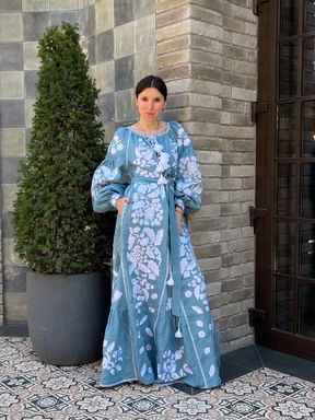 Boho Dress Embroidered, Blue linen Dress, boho chic Vyshyvanka Dress Ukrainian embroidery Vita Kin style 