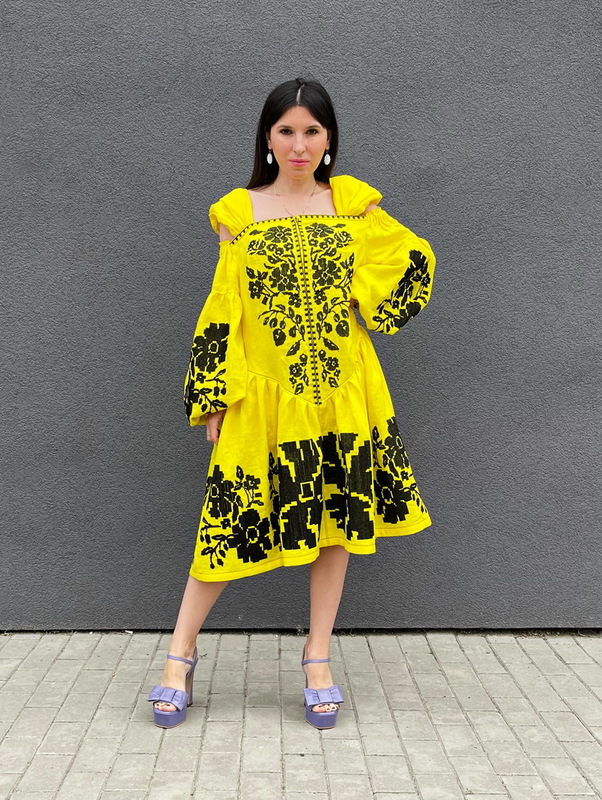  Yellow Dress Vyshyvanka Linen, Ukrainian embroidery, Yellow Dress Boho