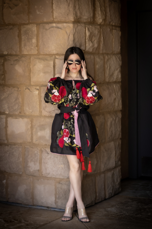 Linen Short Black Mini  Vyshyvanka Dress Embroidery Dress Ukrainian