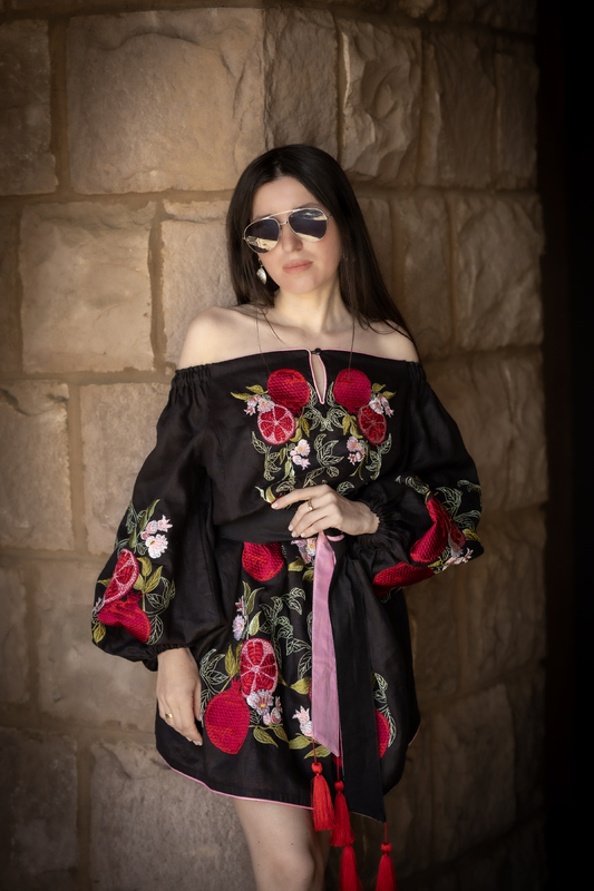 Linen Short Black Mini  Vyshyvanka Dress Embroidery Dress Ukrainian