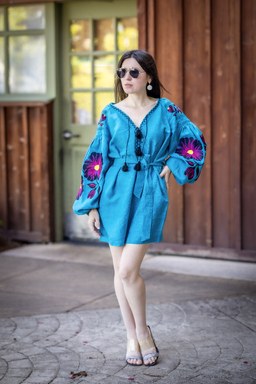 Turquoise Dress Vyshyvanka Tunic Multi Color Embroidery Linen Dress Ukrainian