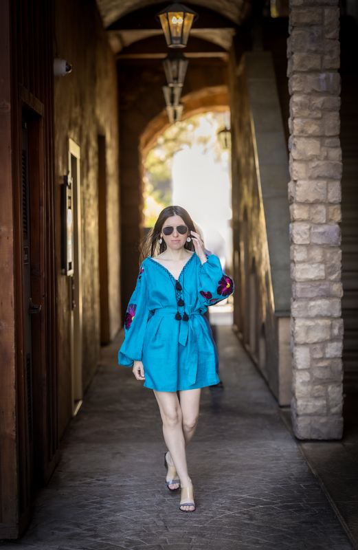 Turquoise Dress Vyshyvanka Tunic Multi Color Embroidery Linen Dress Ukrainian