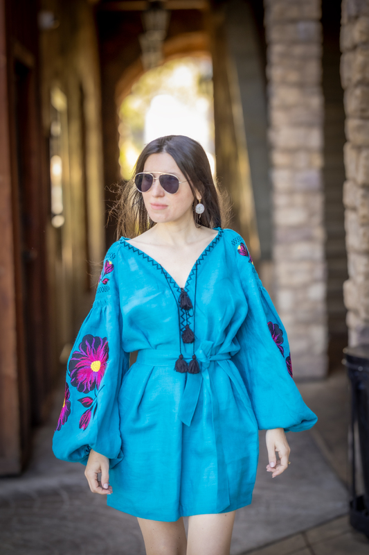 Turquoise Dress Vyshyvanka Tunic Multi Color Embroidery Linen Dress Ukrainian