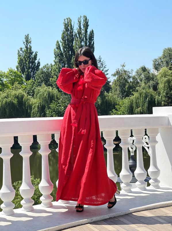 Red Maxi Dress Embroidered, Boho Embroidery in Red on Red