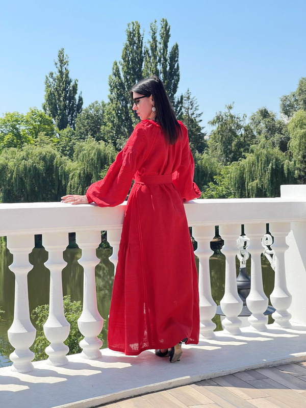 Red Maxi Dress Embroidered, Boho Embroidery in Red on Red