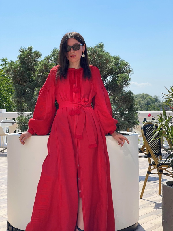 Red Maxi Dress Embroidered, Boho Embroidery in Red on Red