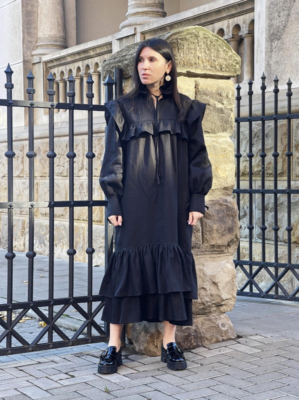 Stylish Black Dress Linen, Exclusive Evening Dress with Ruffles and Flounces