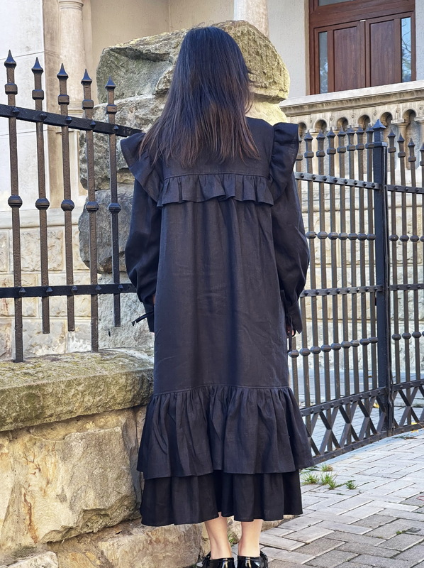 Stylish Black Dress Linen, Exclusive Evening Dress with Ruffles and Flounces