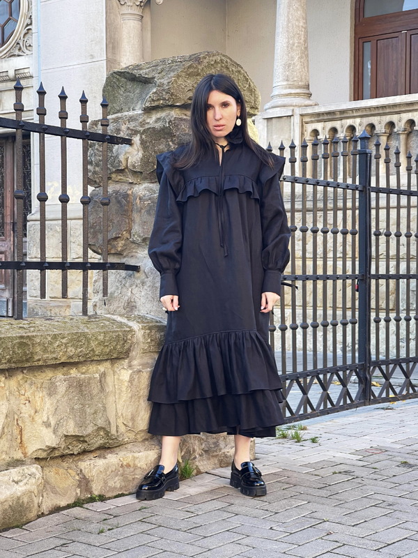Stylish Black Dress Linen, Exclusive Evening Dress with Ruffles and Flounces