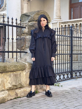 Stylish Black Dress Linen, Exclusive Evening Dress with Ruffles and Flounces