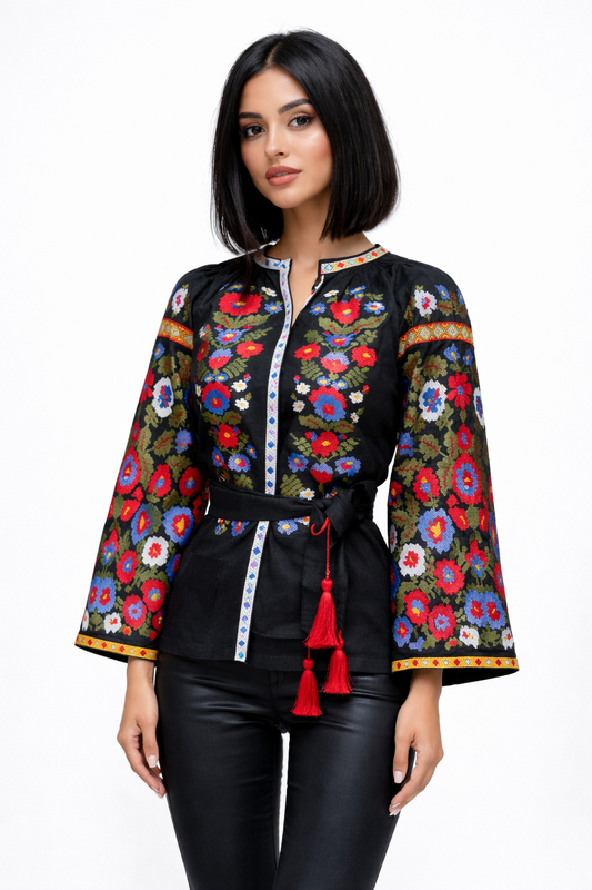 Blouse Black Vyshyvanka Linen Boho style, ethno Ukrainian embroidery, Embroidered clothes