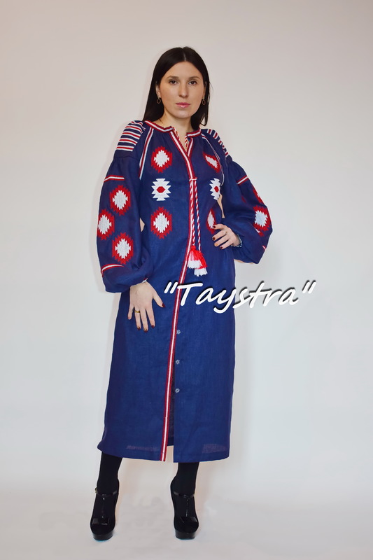 Vyshyvanka Dress Multi Color Embroidery Linen, Ukrainian embroidery, Blue Dress Boho Chic Etno 
