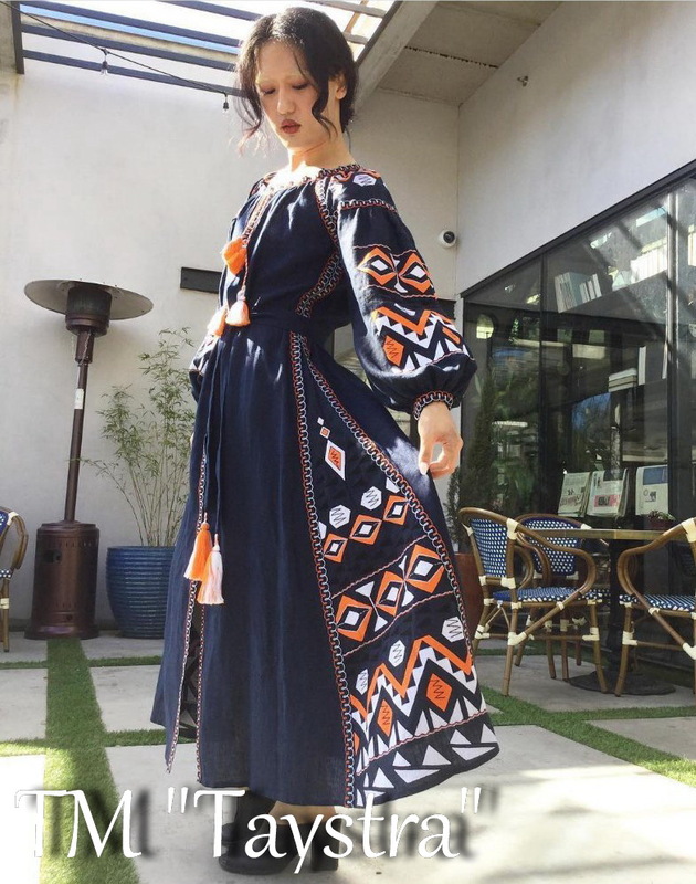 Blue Dress Boho Embroidered Vyshyvanka Dress Embroidery Linen Maxi Dress