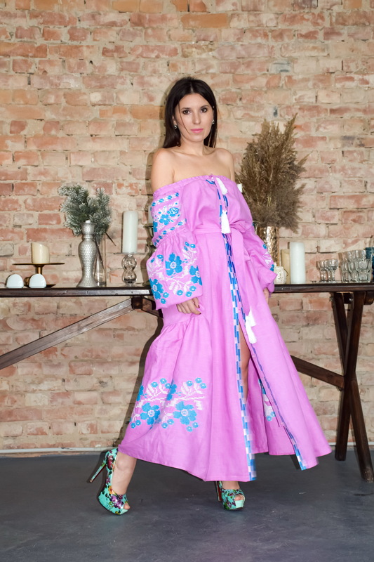 Dress Vyshyvanka Linen Multi Color Embroidery, Ukrainian embroidery, Pink  Robe Dress