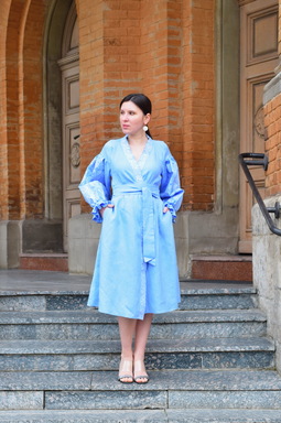 Dress Vyshyvanka Multi Color Embroidery Linen, Ukrainian embroidery, Blue Robe Dress