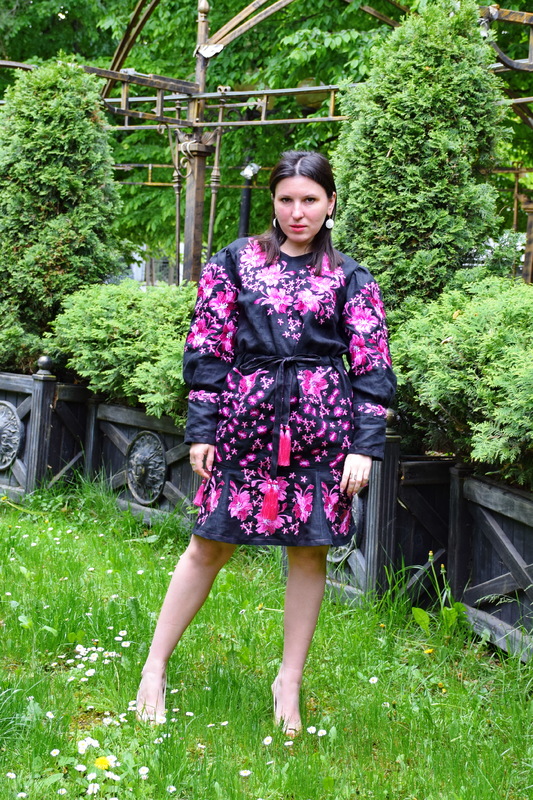 Black Dress Vyshyvanka Dress Multi Color Embroidery Linen, Ukrainian embroidery Dress Boho Embroidered Wedges, 