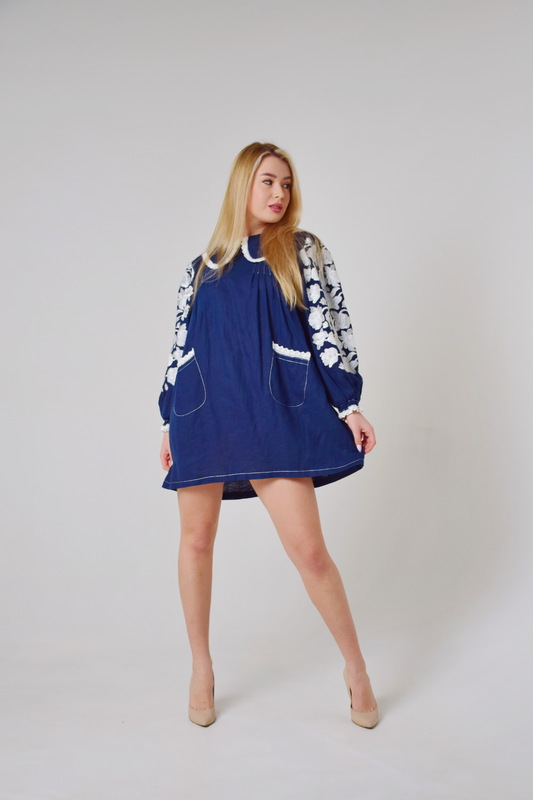 Dress Embroidered Vyshyvanka Dress, Dark Blue Dress with Collar