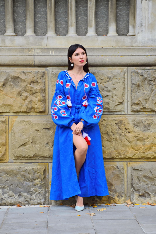 Dress Embroidered Blue Maxi Dress Multi Color Embroidery Linen Dress Ukrainian