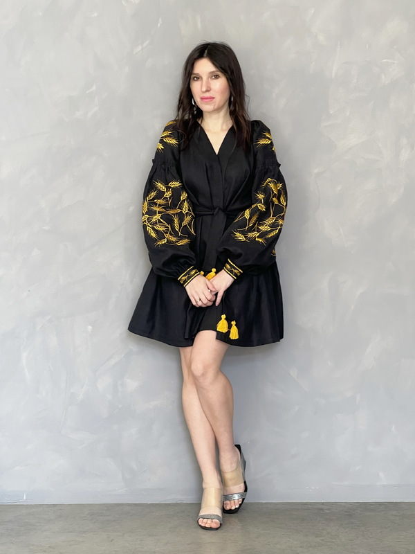 Short Black Dress Embroidered Vyshyvanka Dress Embroidery Linen Dress Ukrainian