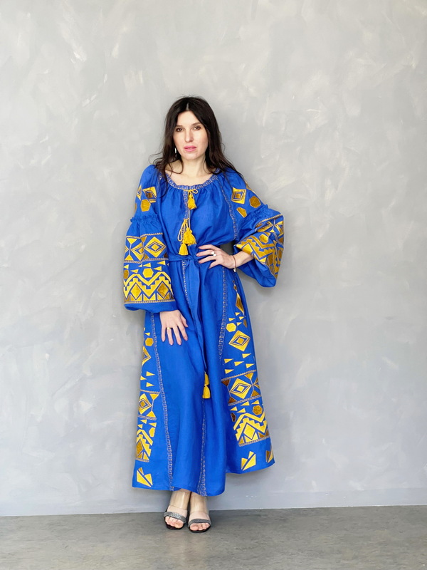 Dress Embroidered Vyshyvanka Blue Maxi Dress Multi Color Embroidery Linen Dress Ukrainian