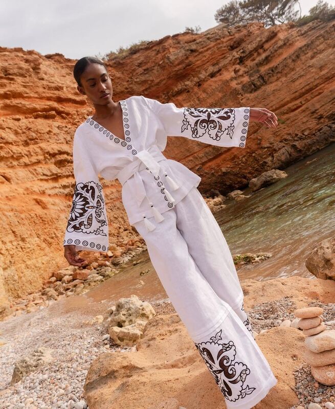 Women's Suit Linen, Embroidered Suit, Boho Style, Natural Linen