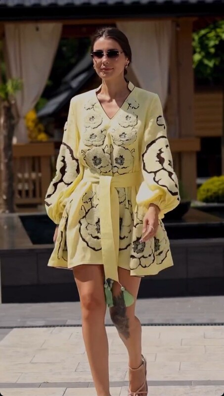  Embroidered Dress Linen Mini Dress Vyshyvanka Volume Embroidery