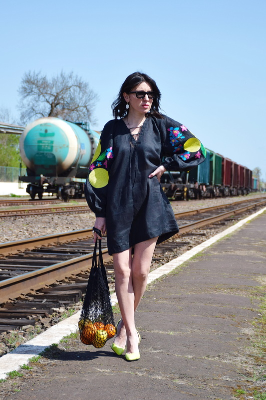 Linen Short Black Dress Embroidered Vyshyvanka Dress Embroidery Dress Ukrainian